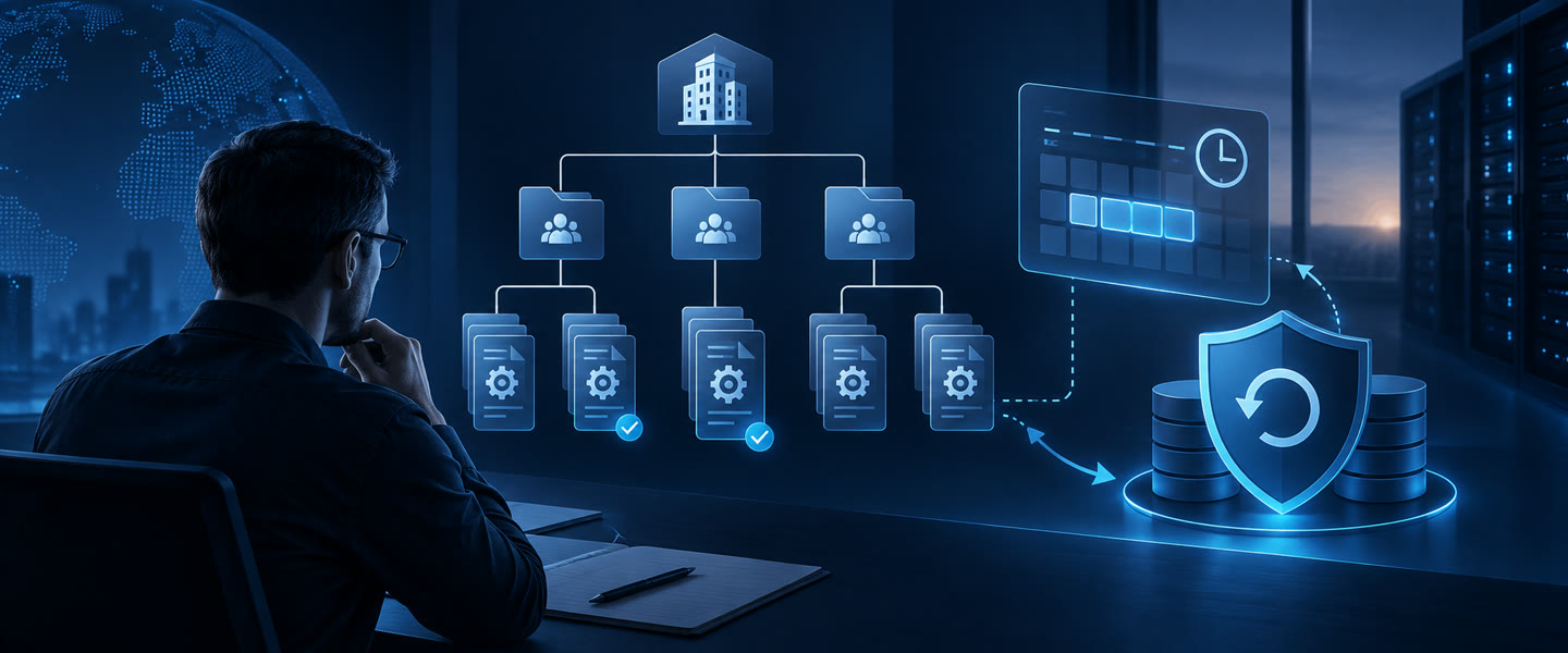 Ilustração de políticas de configuração organizadas em camadas antes de serem aplicadas aos computadores.
