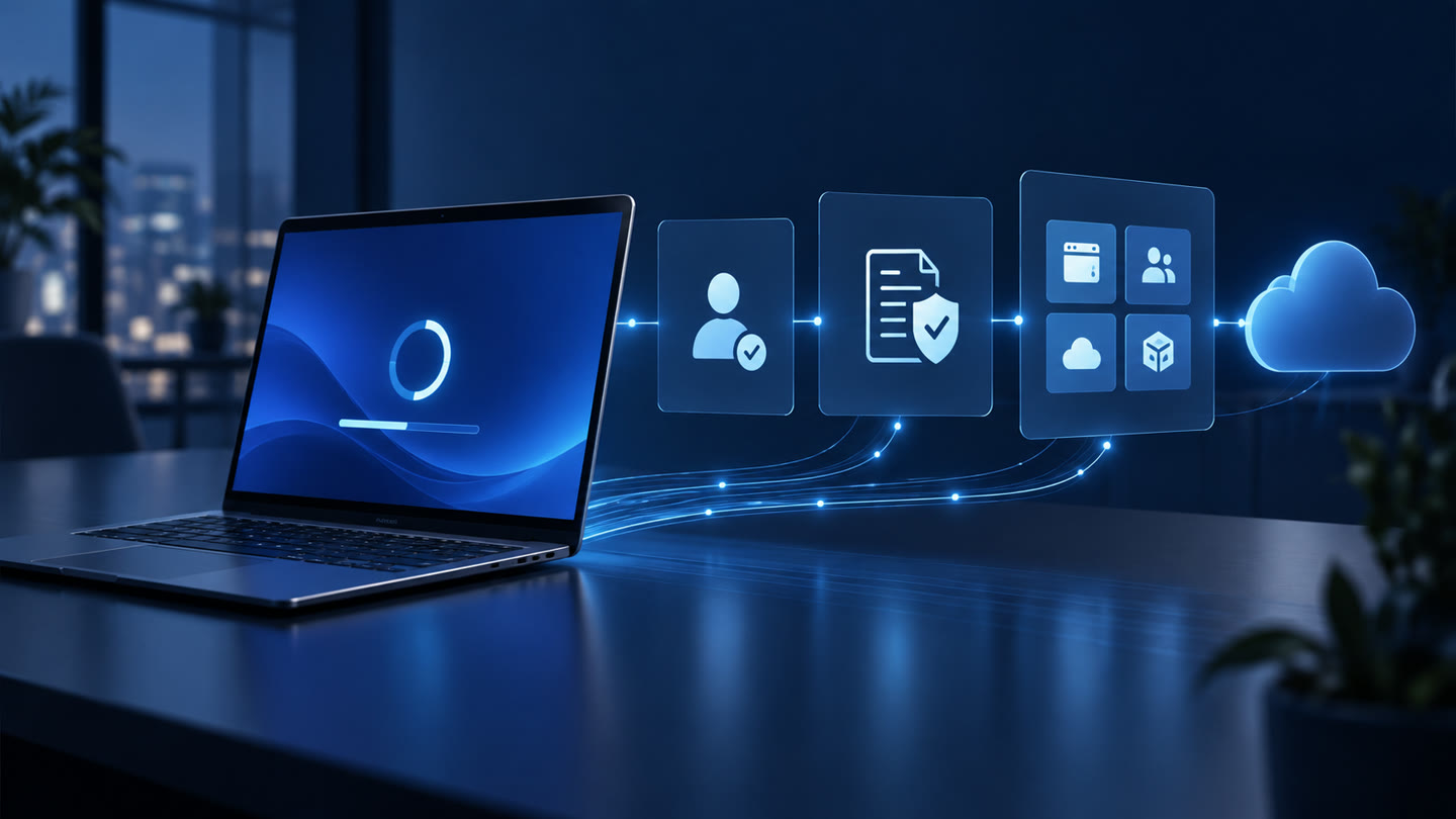 Ilustração de um notebook novo sendo configurado automaticamente por uma organização em nuvem.